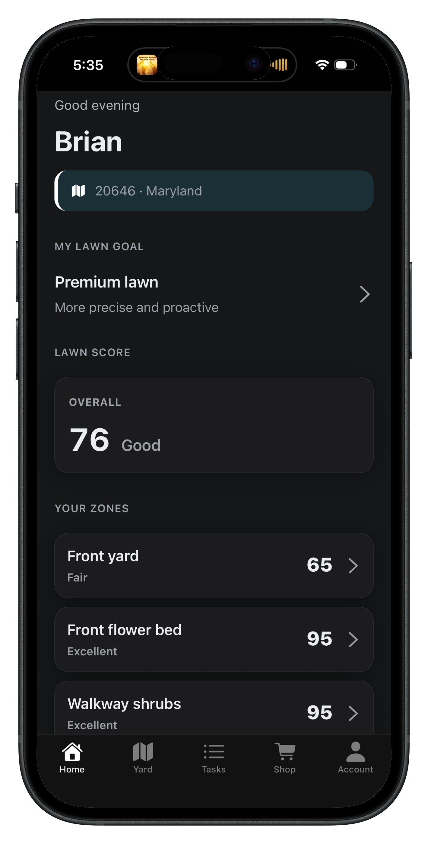 YardWhiz mobile app: Home screen overview